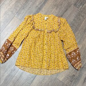 Cotton Floral Yellow Peasant Blouse with Brown Accents